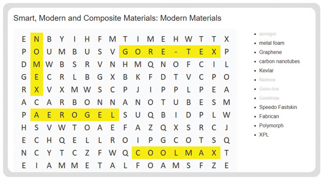 Design and Technology Modern Materials Wordsearch